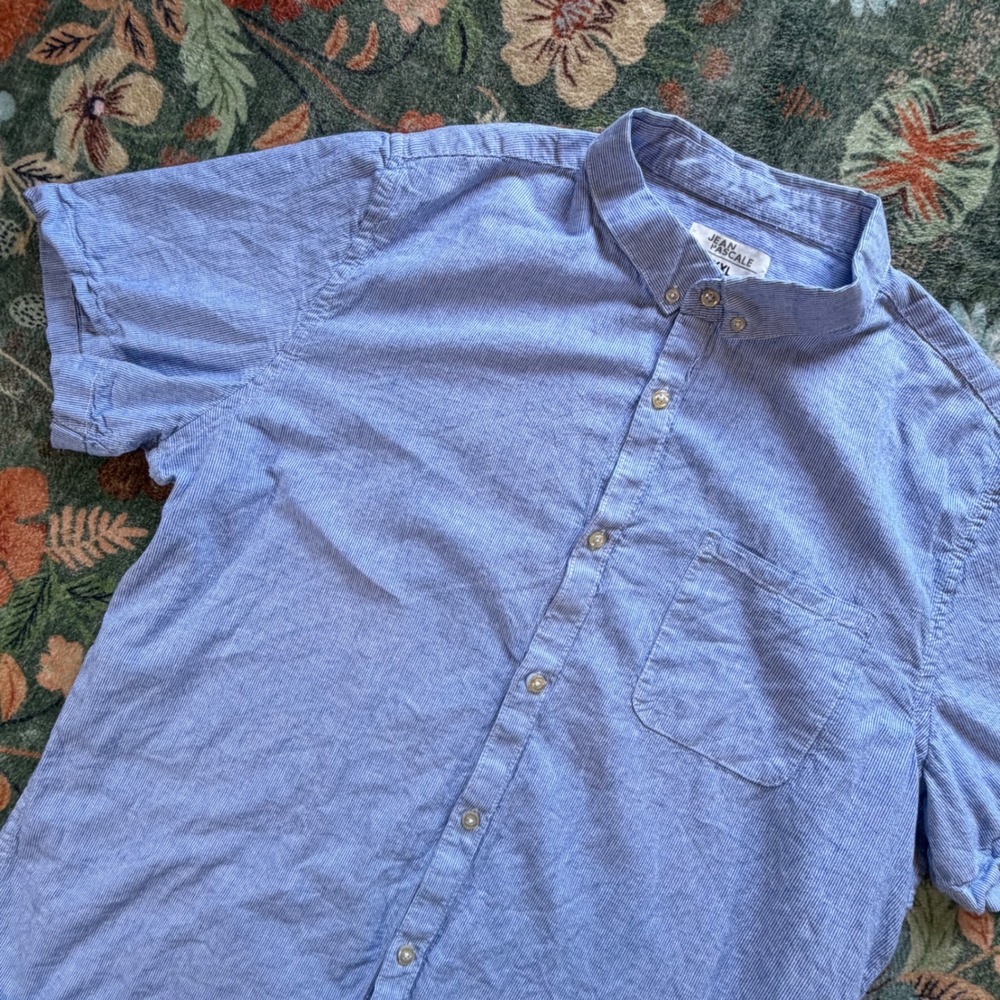 Jean Pascale Mens XXL Blue Striped Short Sleeve Linen Blend Button Down Shirt